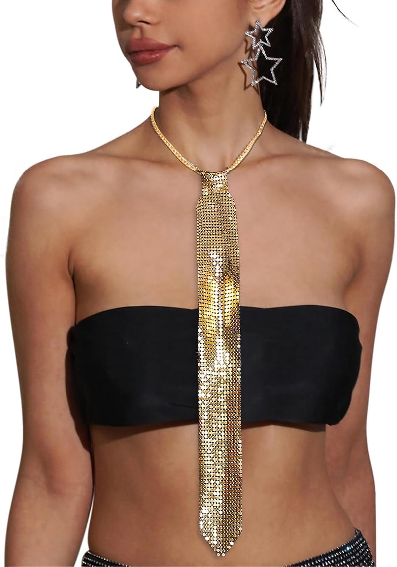 MioCloth Sparkling Metal Necktie, Women Sparkle Sequins Neck Chain Glitter Tie for Nightclub Punk Party Halloween Costume - Image 1